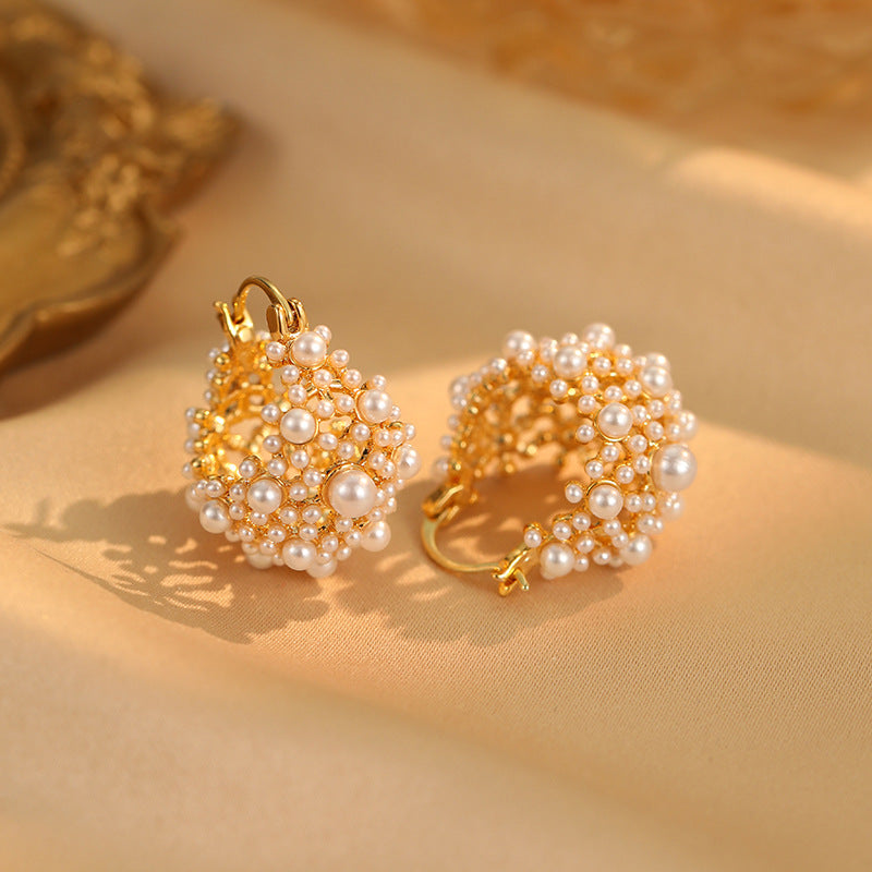Vintage Romance Pearl Cluster Hoop Earrings
