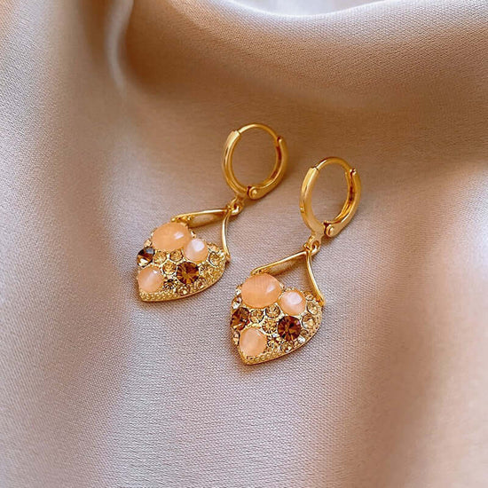 Cat Eye Stone Golden Heart Earrings Hoop