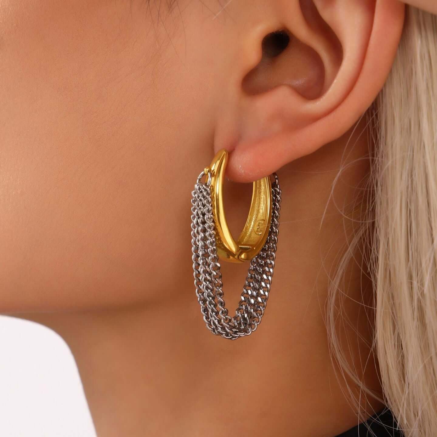 Gold Silver Duo Tone Tassel Chain Earrings