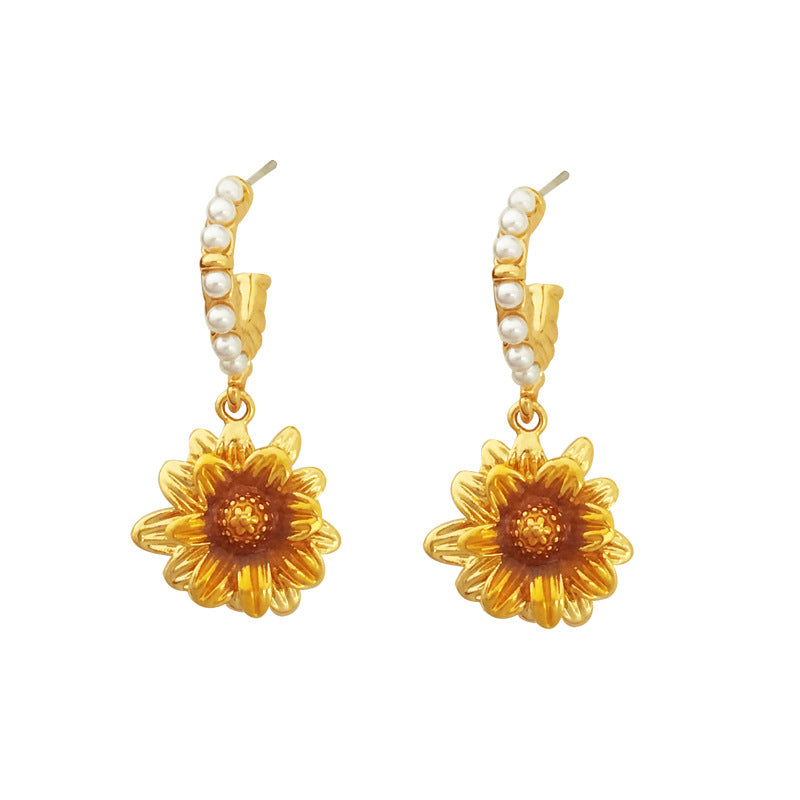 Dainty Sunflower C Hoop Pearl Dangle Earrings