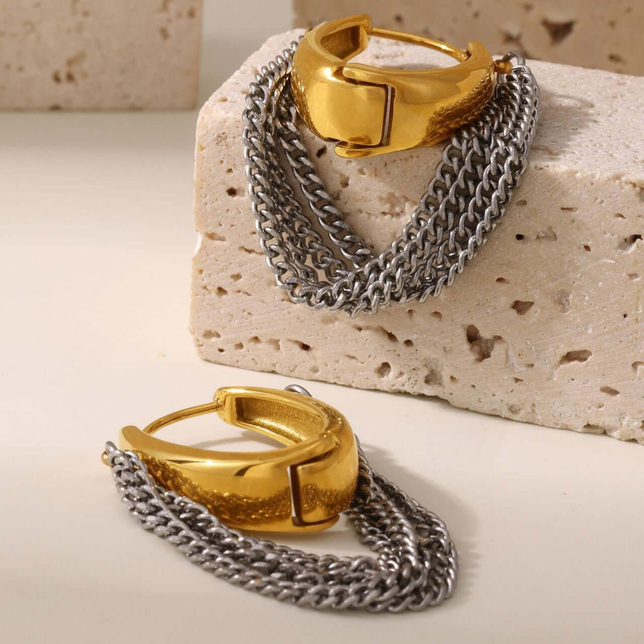 Gold Silver Duo Tone Tassel Chain Earrings