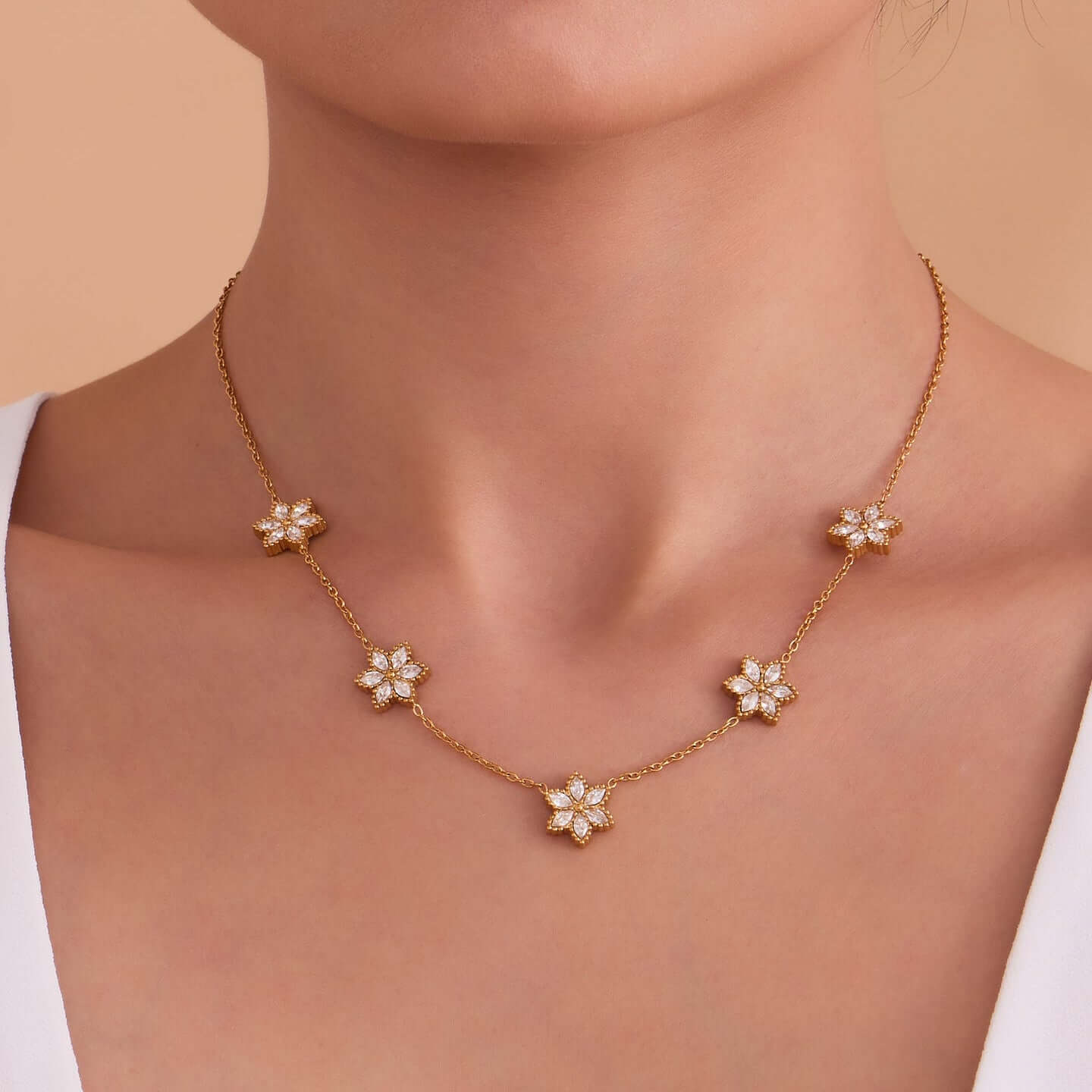 Vintage Gold Flower Lariat Necklace Layered
