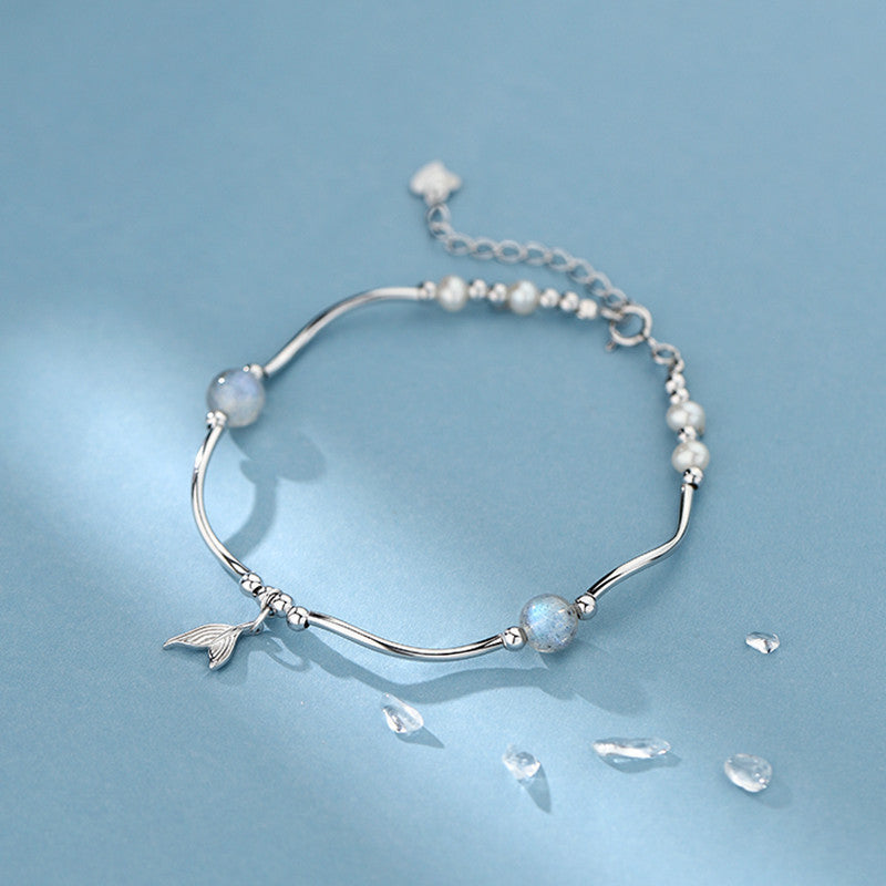 Silver Whale Tail Bracelet, Moon Stone Charm Bracelet, Fairy Bracelet