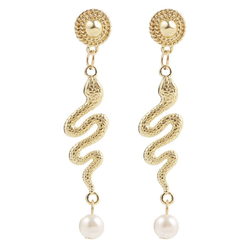 Gold Snake Pearl Drop Earrings