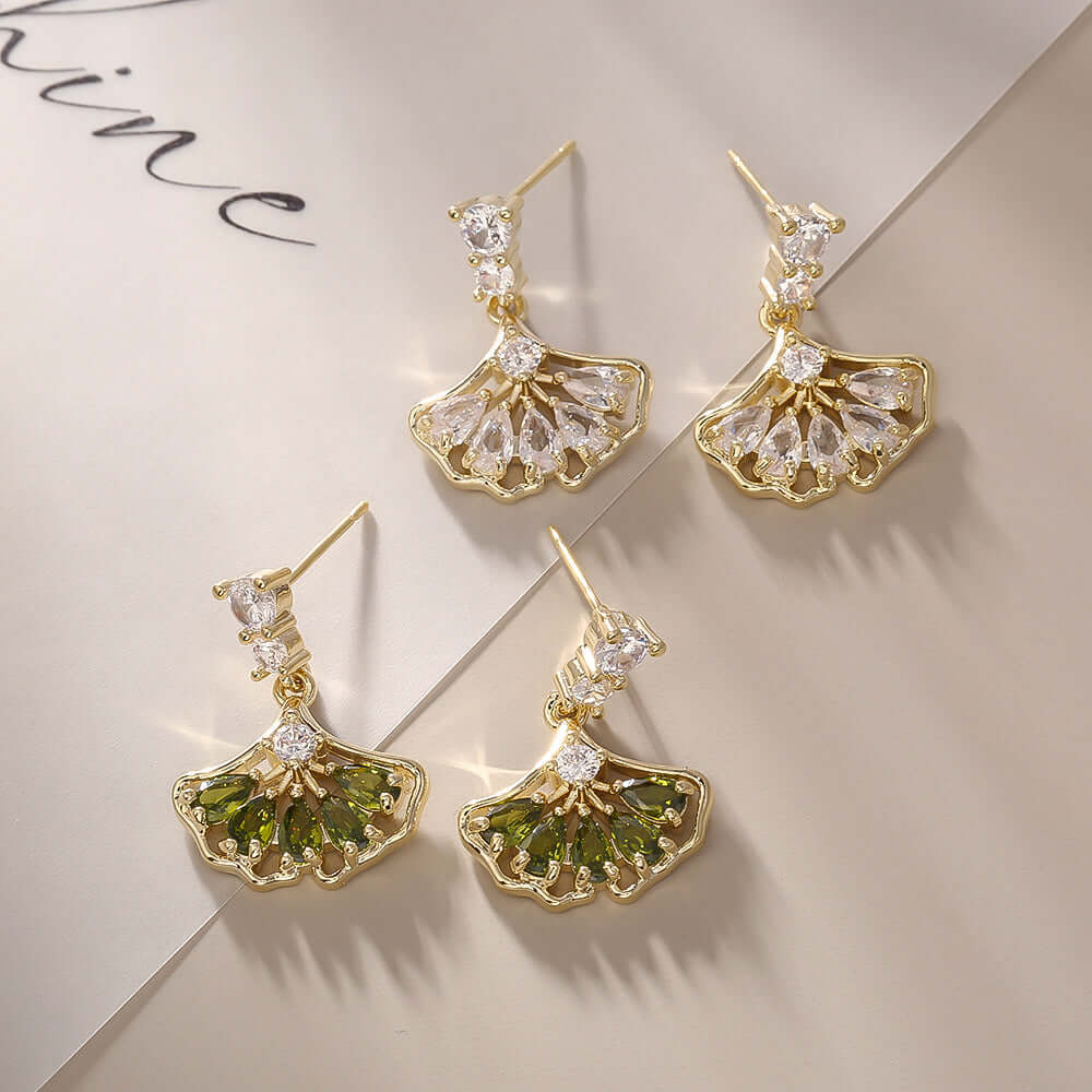 Fan Shape Ginkgo Leaf CZ Drop Earring