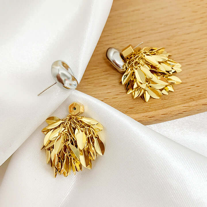 Gold Silver Tones Double Wear Leaf Fringe Earrings Set