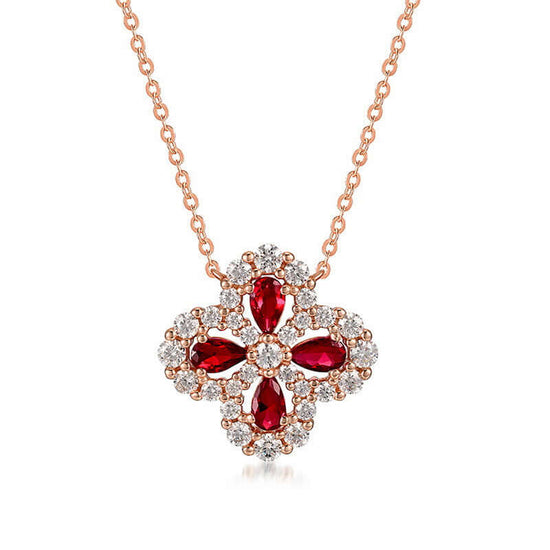 Retro Lab Crafted Emerald Ruby Clover Necklace