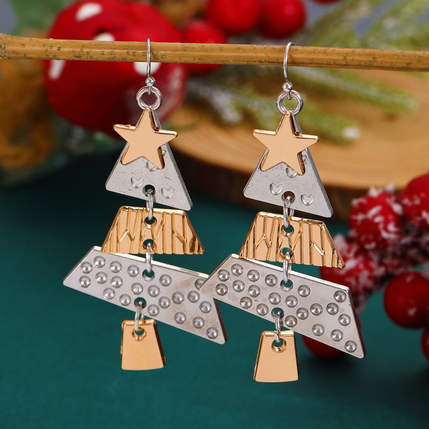 Christmas Tree Xmas Star 2 Tone Dangle Earrings