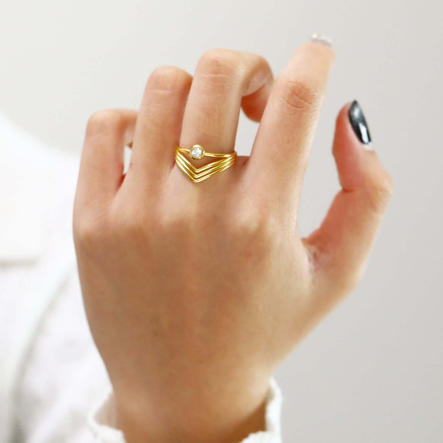 18K Gold Bezel Chevron Ring Stackable