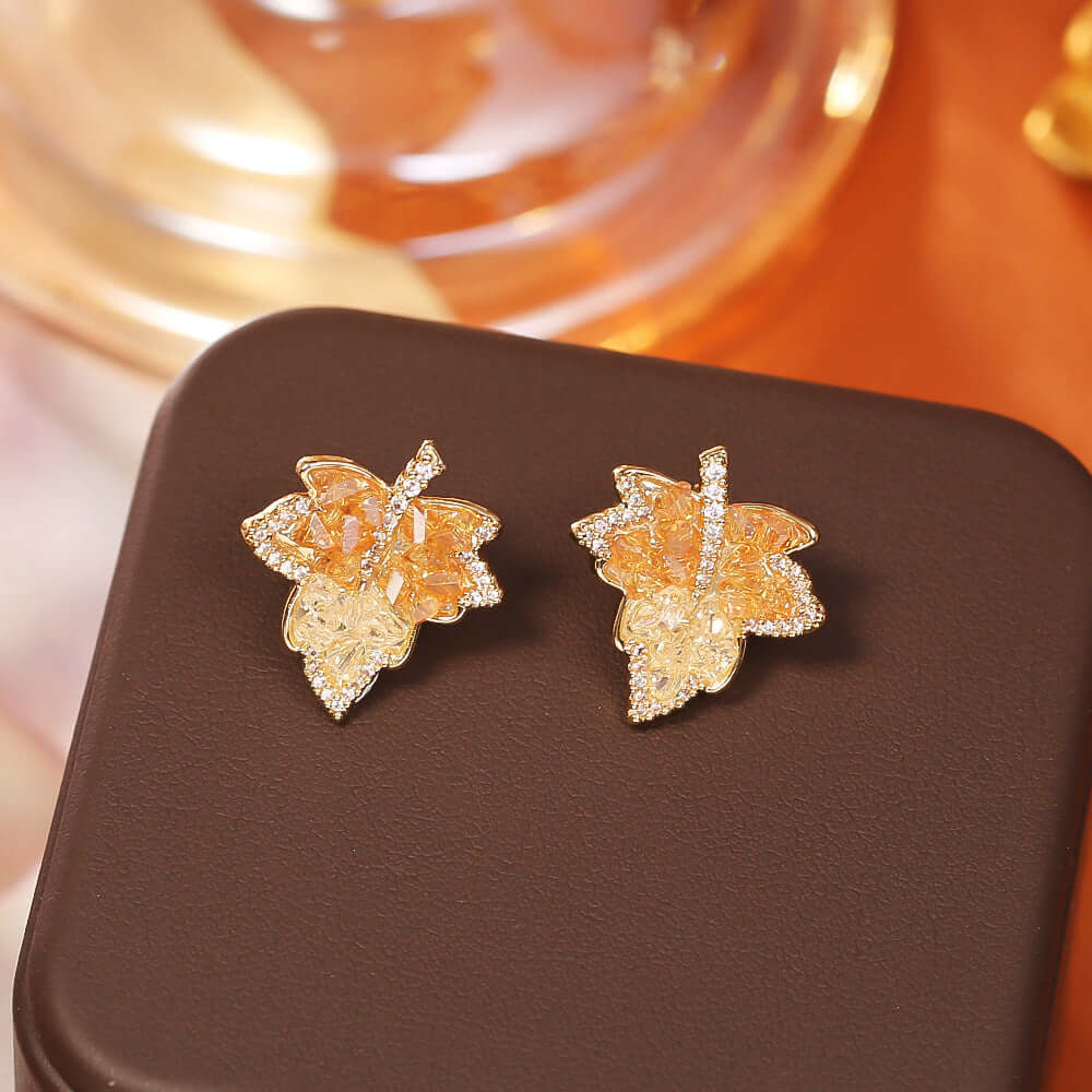 Gradient Maple Leaf Paved Crystal Earring Stud