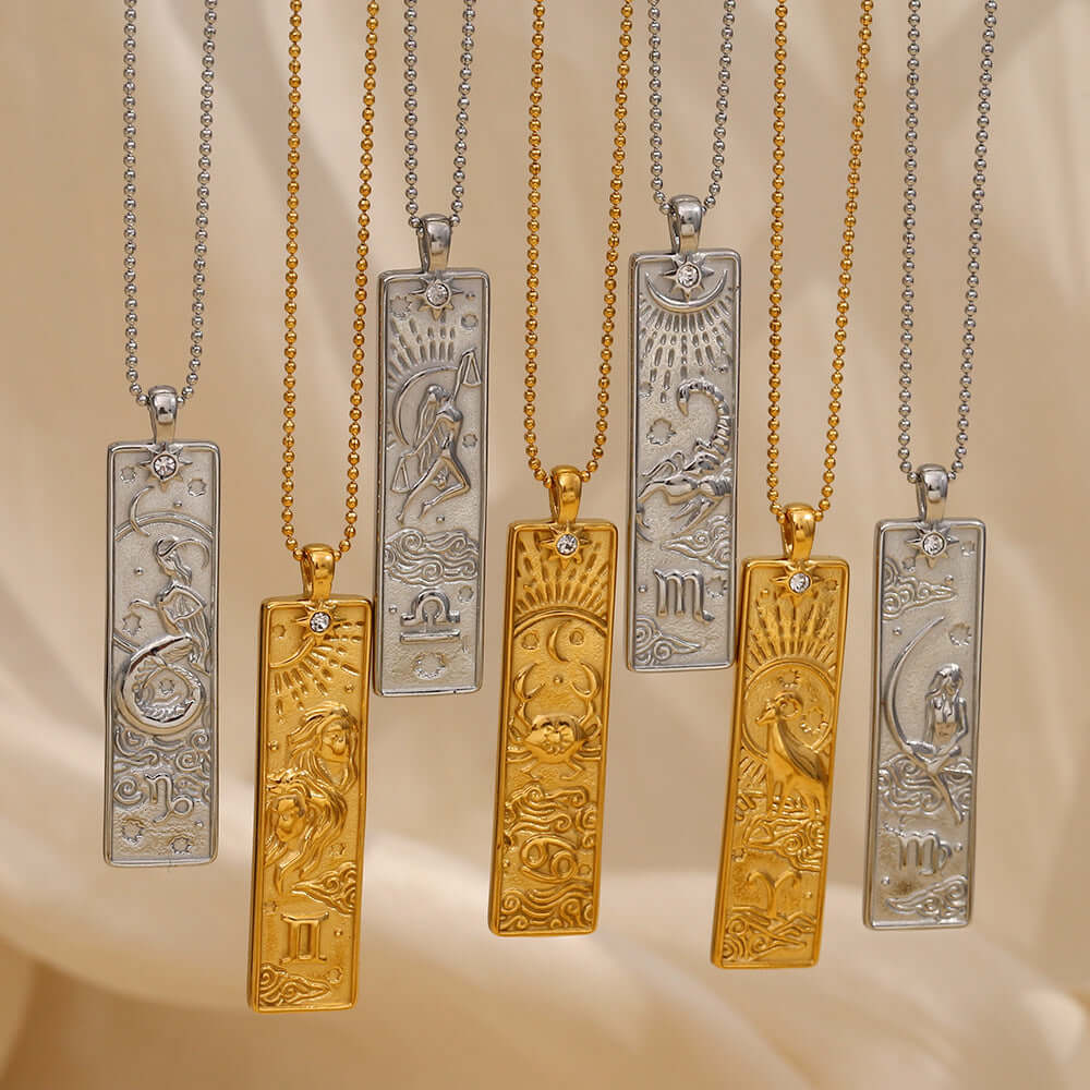 Rectangular Zodiac Horoscope Pendant Necklace Gold