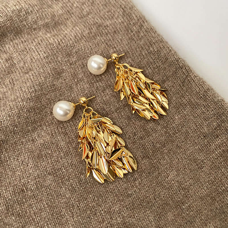 Two Tone Multi Way Pearl Leaf Ear Jacket Earrings