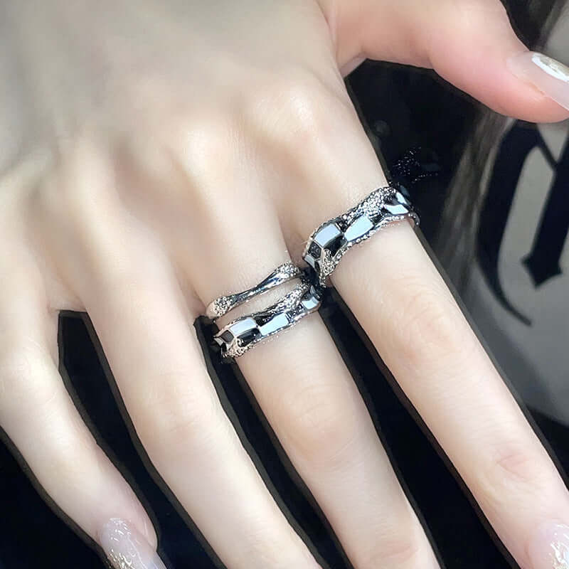 Black & White Checkerboard Layered Ring Silver