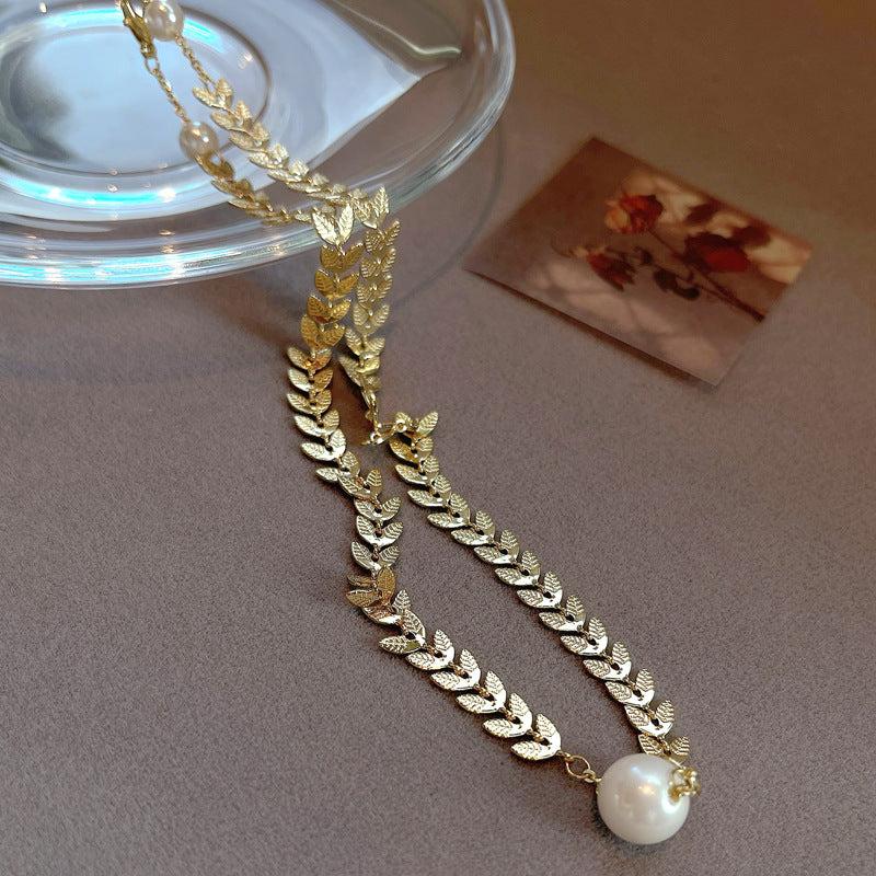 Wheat Leaf Pearl Choker Chevron Necklace