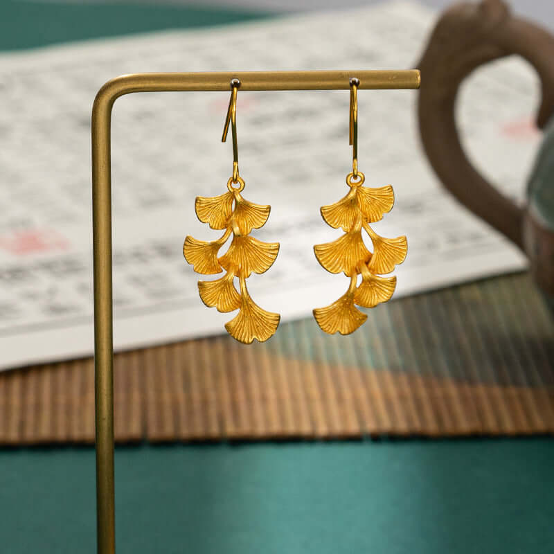 Golden Ginkgo Leaf Dangle Earrings