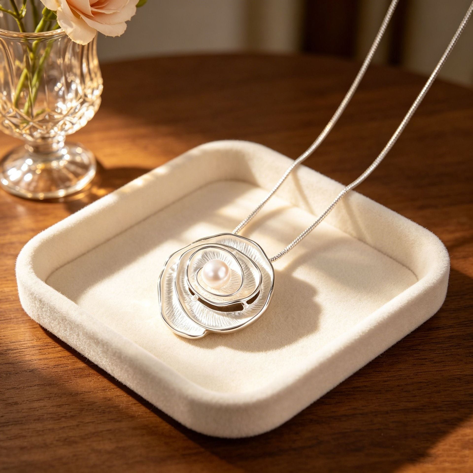 Enchanted Rose Pearl Pendant Necklace
