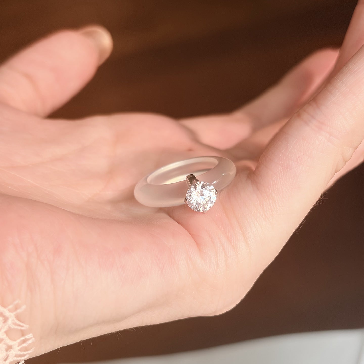 Translucent White Chalcedony Crystal Ring with Zircon