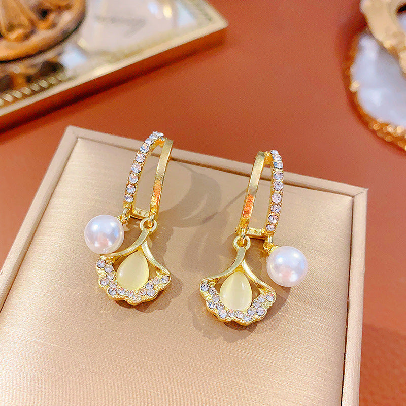 Ginkgo Leaf Hoop Earrings with Dangle Pearl