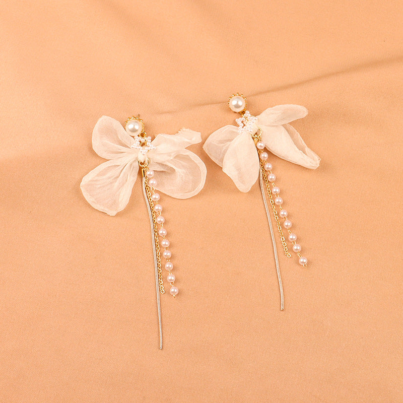 Elegant Chiffon Pearl Bow Long Chain Earrings 