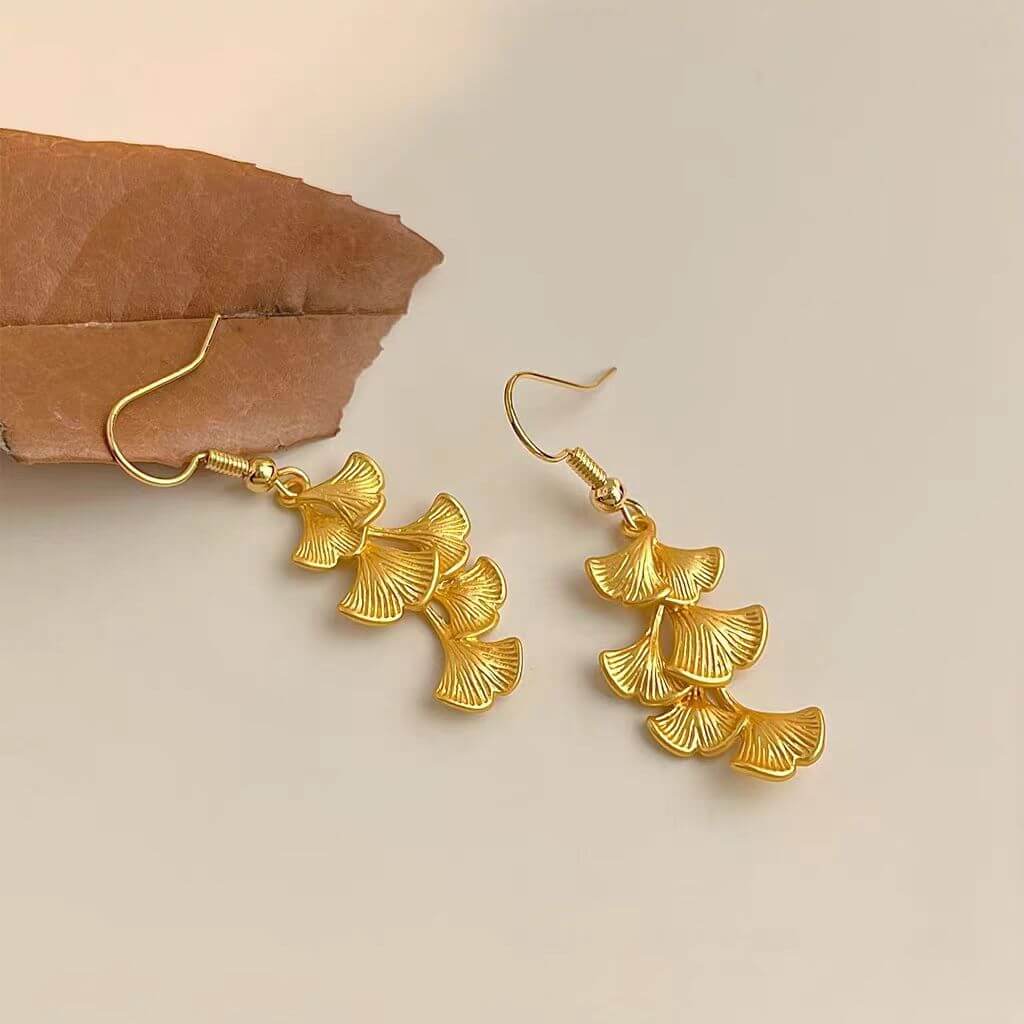 Golden Ginkgo Leaf Dangle Earrings
