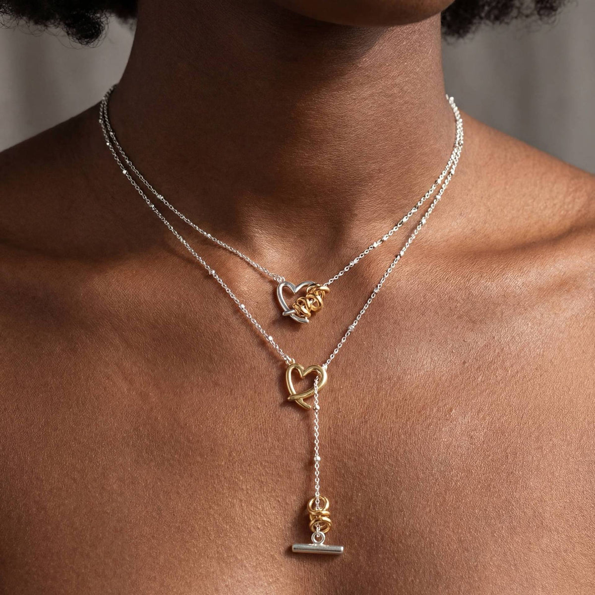 Two-Tone Love Knot Heart Lariat Necklace