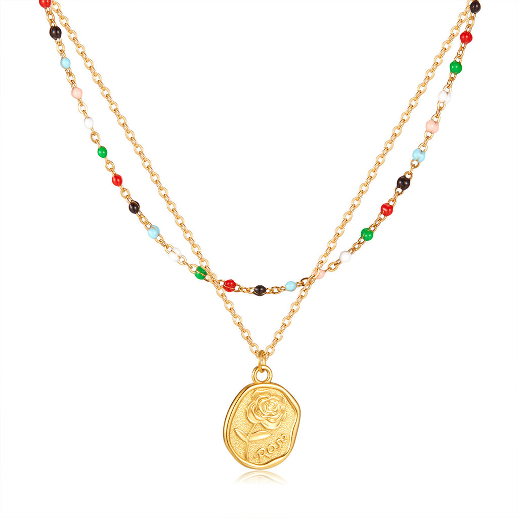 Gold Coin Layering Flower Seed Bead Chain Necklace