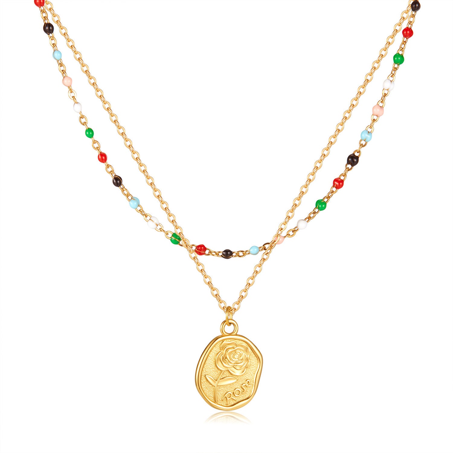 Gold Coin Layering Flower Seed Bead Chain Necklace