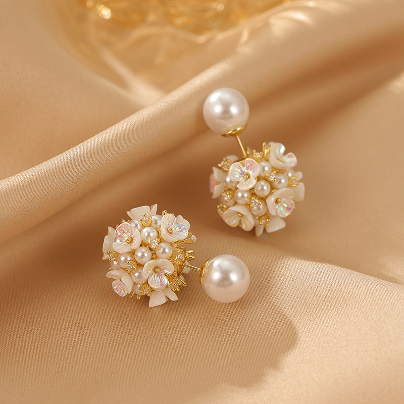 Elegant Pearl Flower Front Back Ear Jacket Earrings 