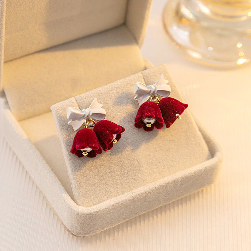 Velvet Jingle Bell Cute Bow Christmas Drop Earrings