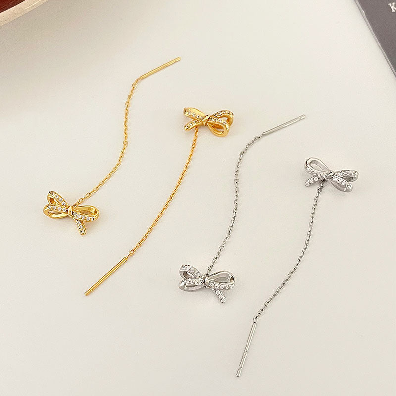 Gold Bow Tassel Fringe Threader Earrings