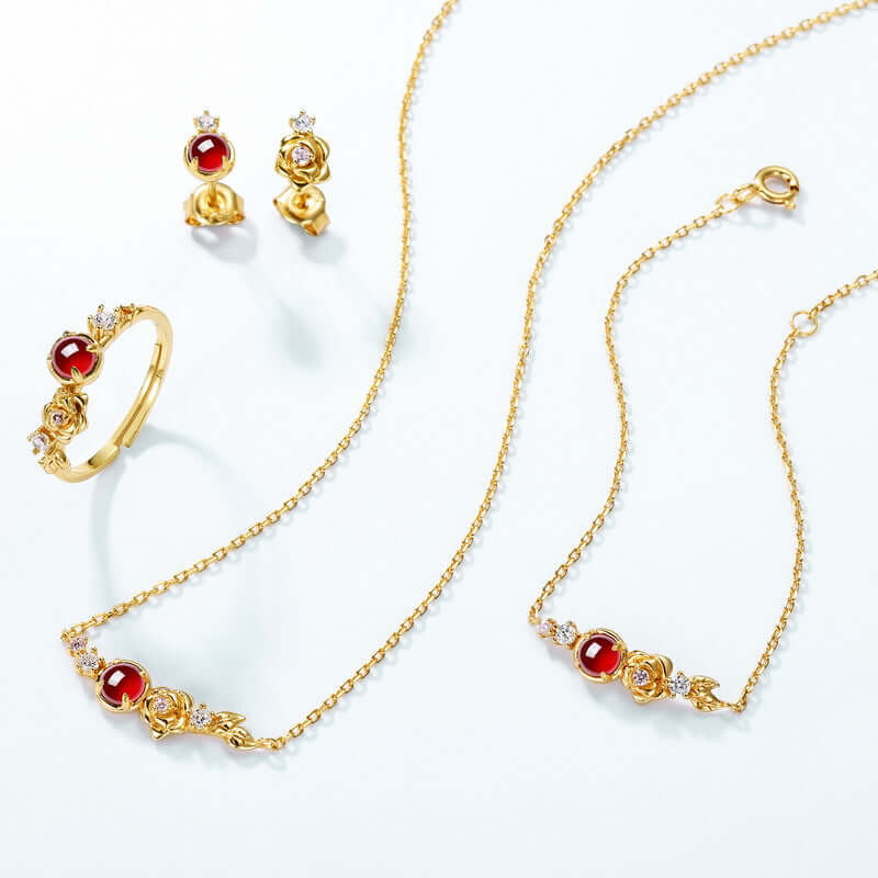 Asymmetric Red Garnet Rose Stud