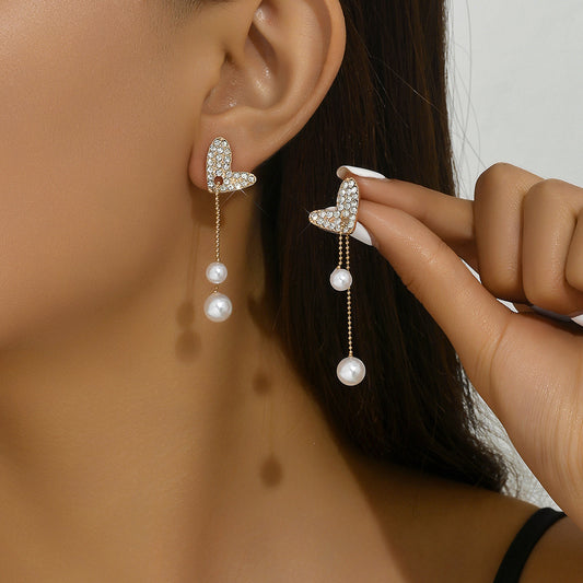 Pearl Heart Tassel Drop Earrings