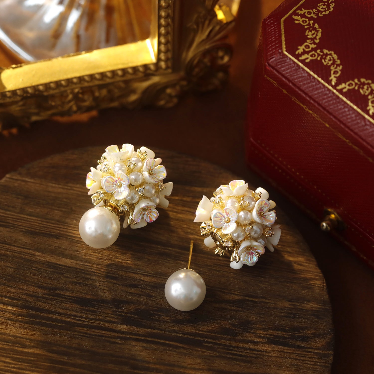 Elegant Pearl Flower Front Back Ear Jacket Earrings 