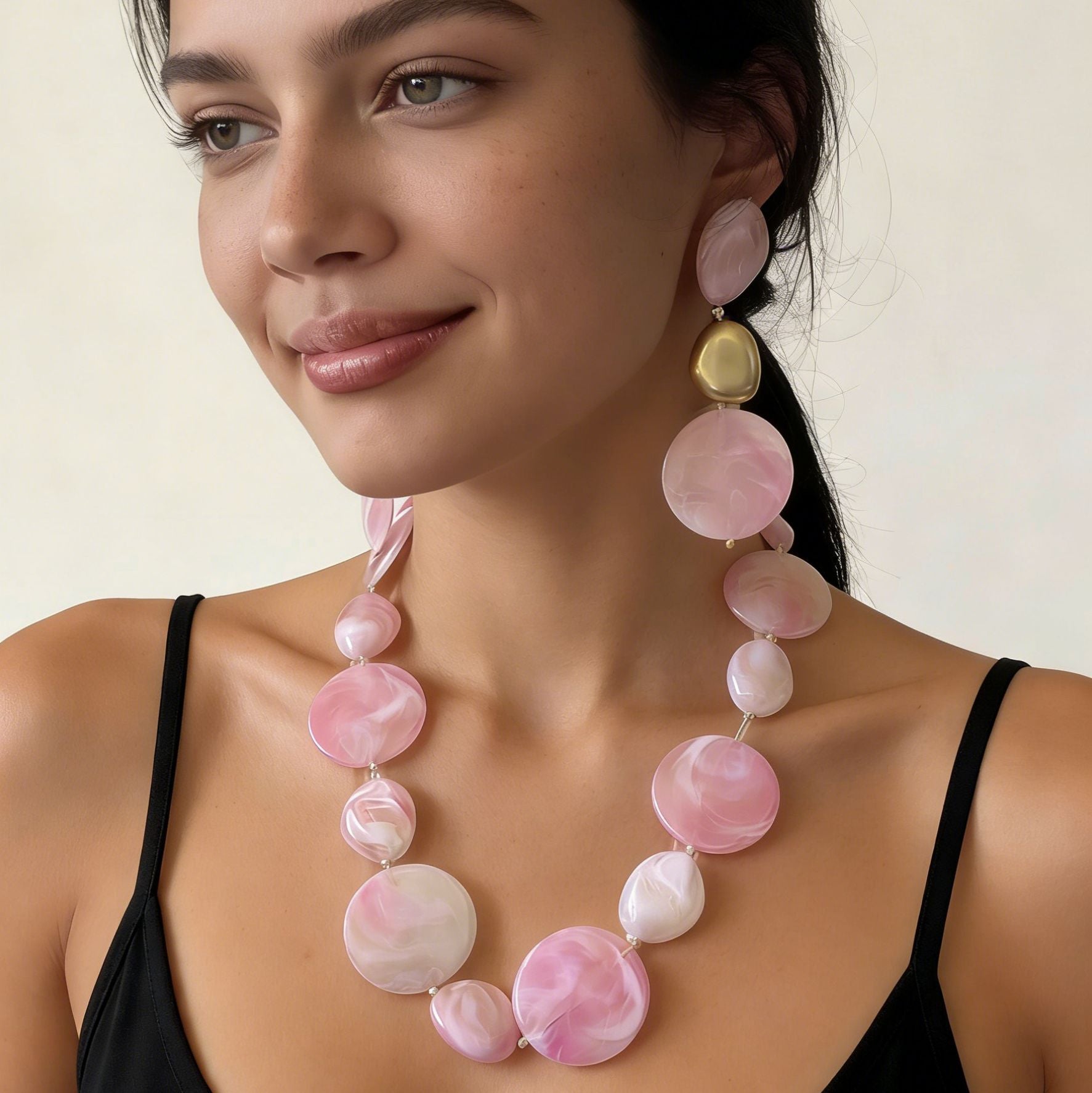 Pink Irregular Disc Beaded Necklace