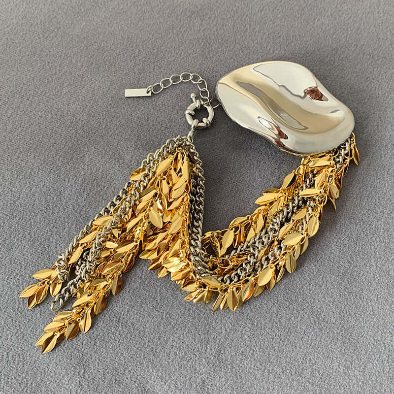Exaggerate Metallic Two Tone Leaf Statement Bracelet