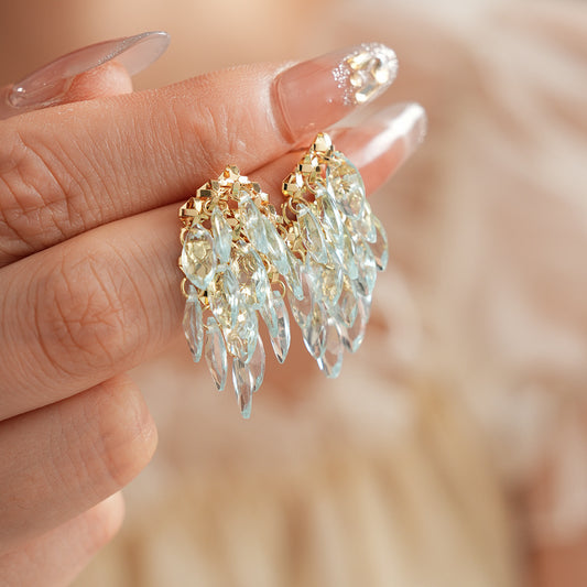 Classic Crystal Leaf Tassel Earrings