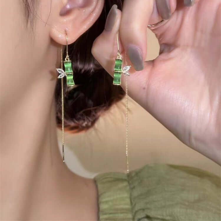 Green Bamboo Long Threader Earrings | S1941