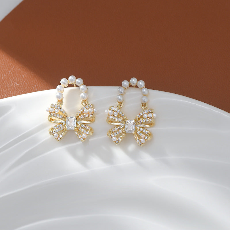 Sweet Pearl Bow Drop Earrings