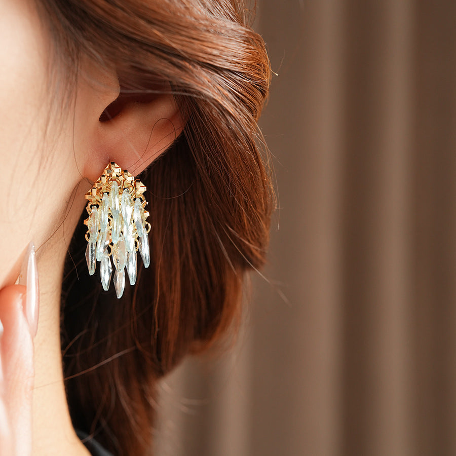 Classic Crystal Leaf Tassel Earrings