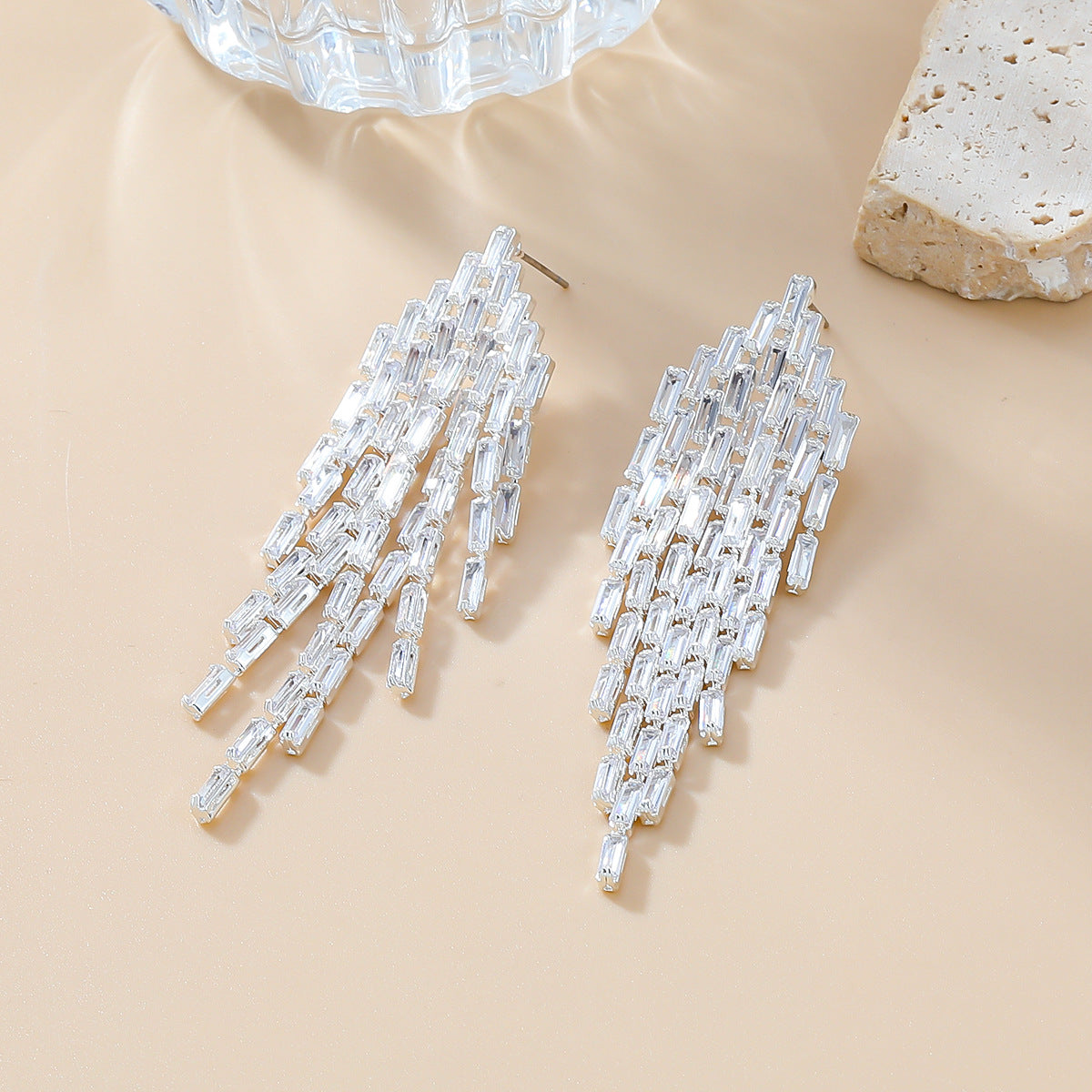 Sparkly Baguette CZ Tassel Waterfall Earrings