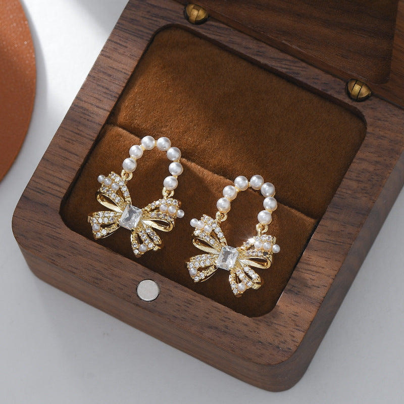 Sweet Pearl Bow Drop Earrings