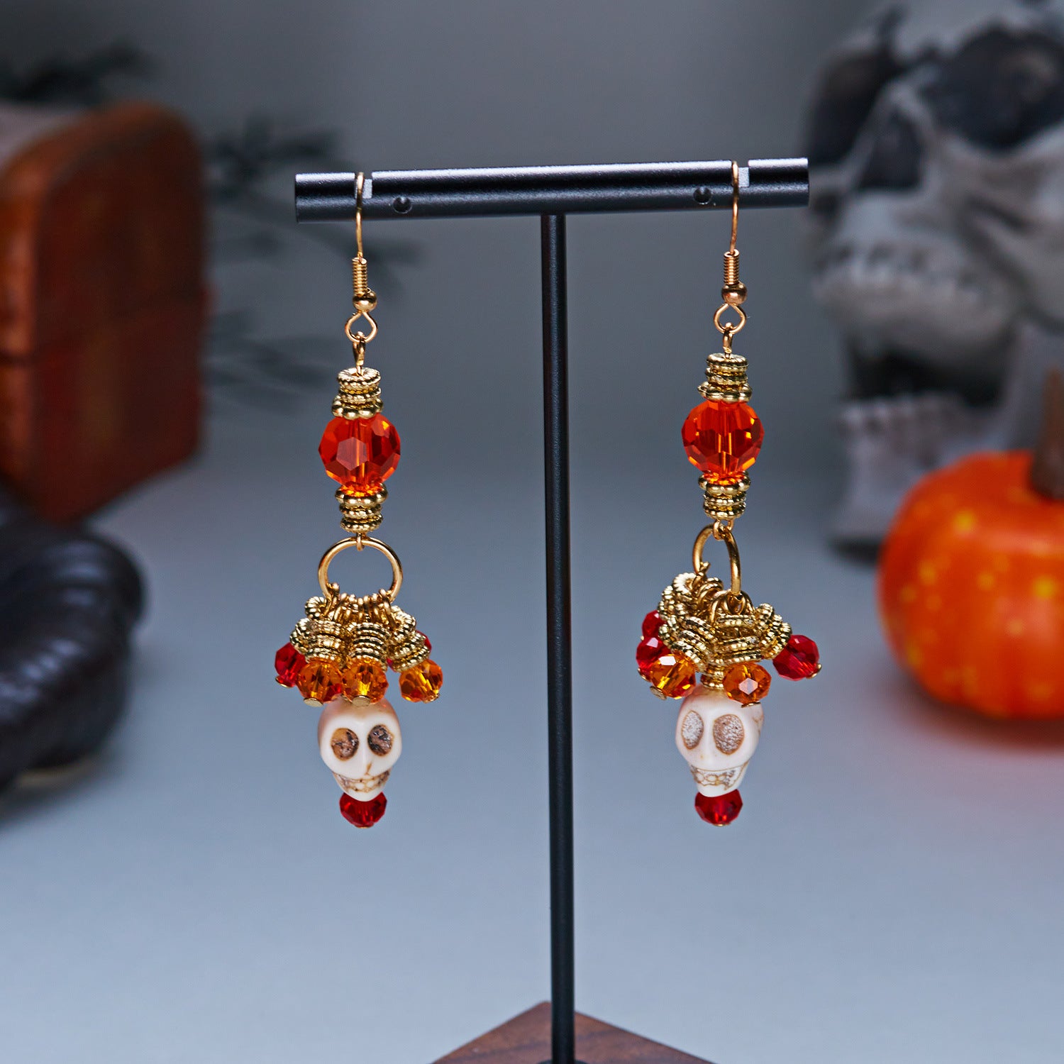 Pumpkin Spell Skull Beaded Drop Earrings