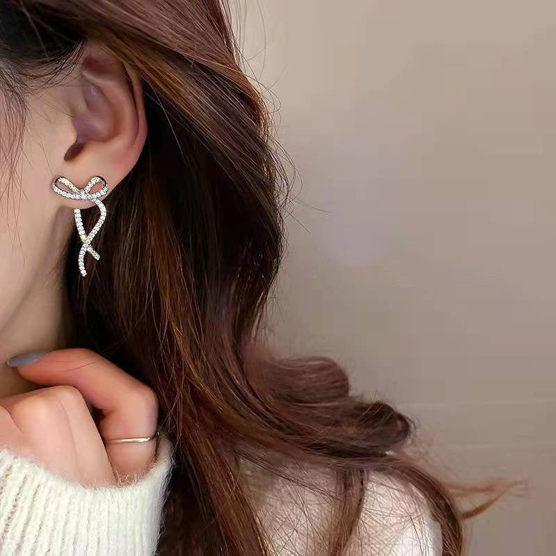 Sparkly Ribbon Bow Irregular Ear Jacket Earrings