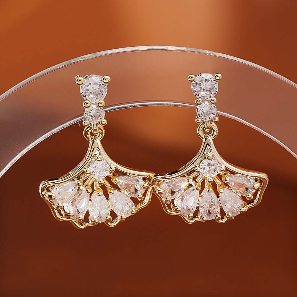 Fan Shape Ginkgo Leaf CZ Drop Earring