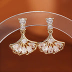 Fan Shape Ginkgo Leaf CZ Drop Earring