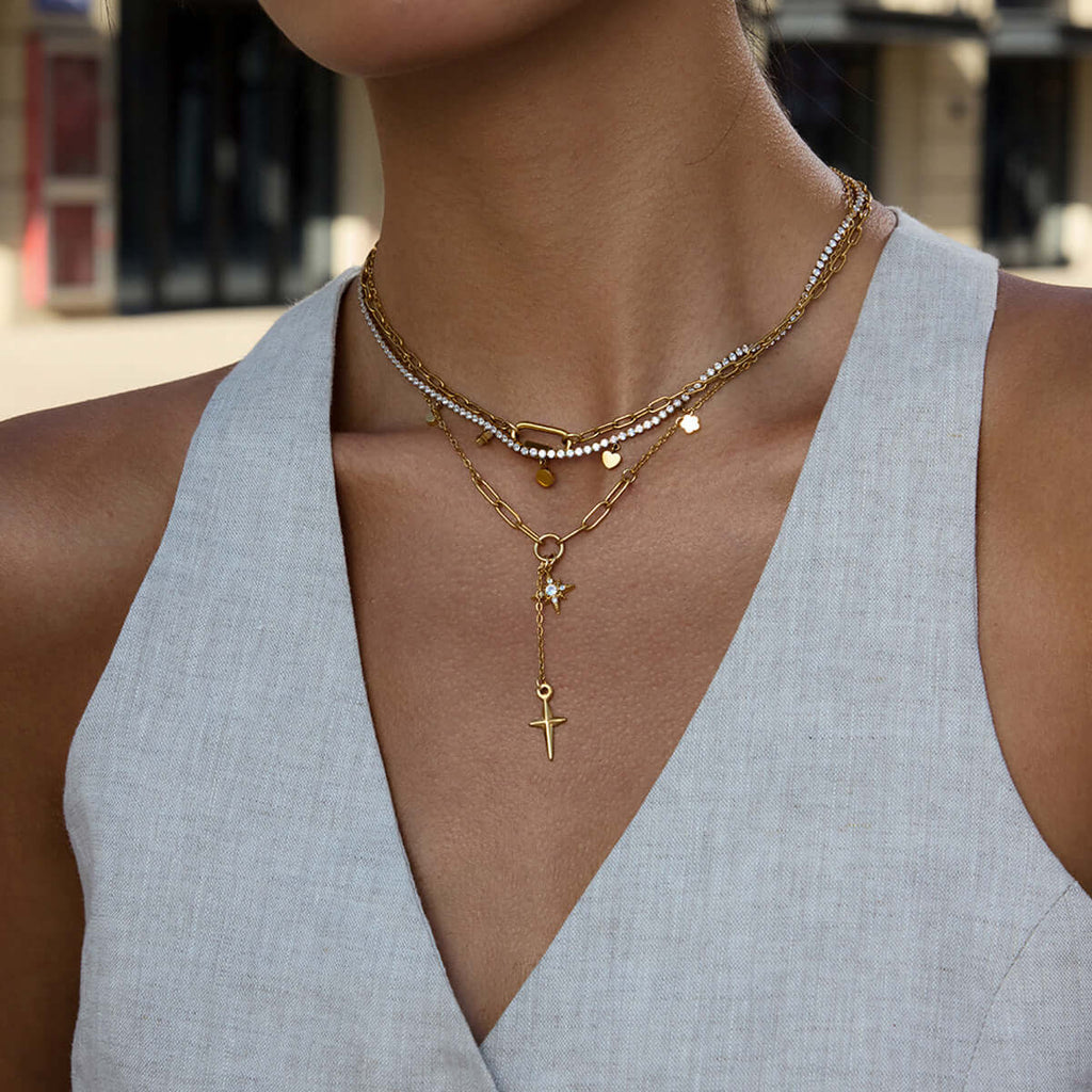Four Pointed Shiny Star Tennis Chain Layer Necklace