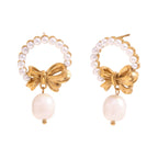 Gold Bow Pearl Drop Earrings