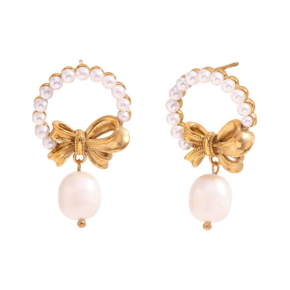 Gold Bow Pearl Drop Earrings