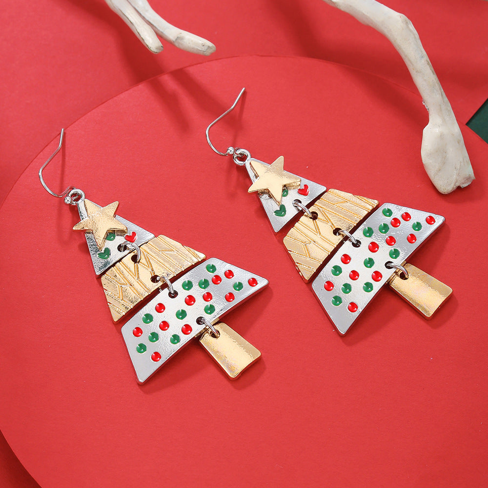 Christmas Tree Xmas Star 2 Tone Dangle Earrings