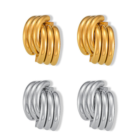 14K Gold Ribbed Triple Open Hoop Earrings Stud